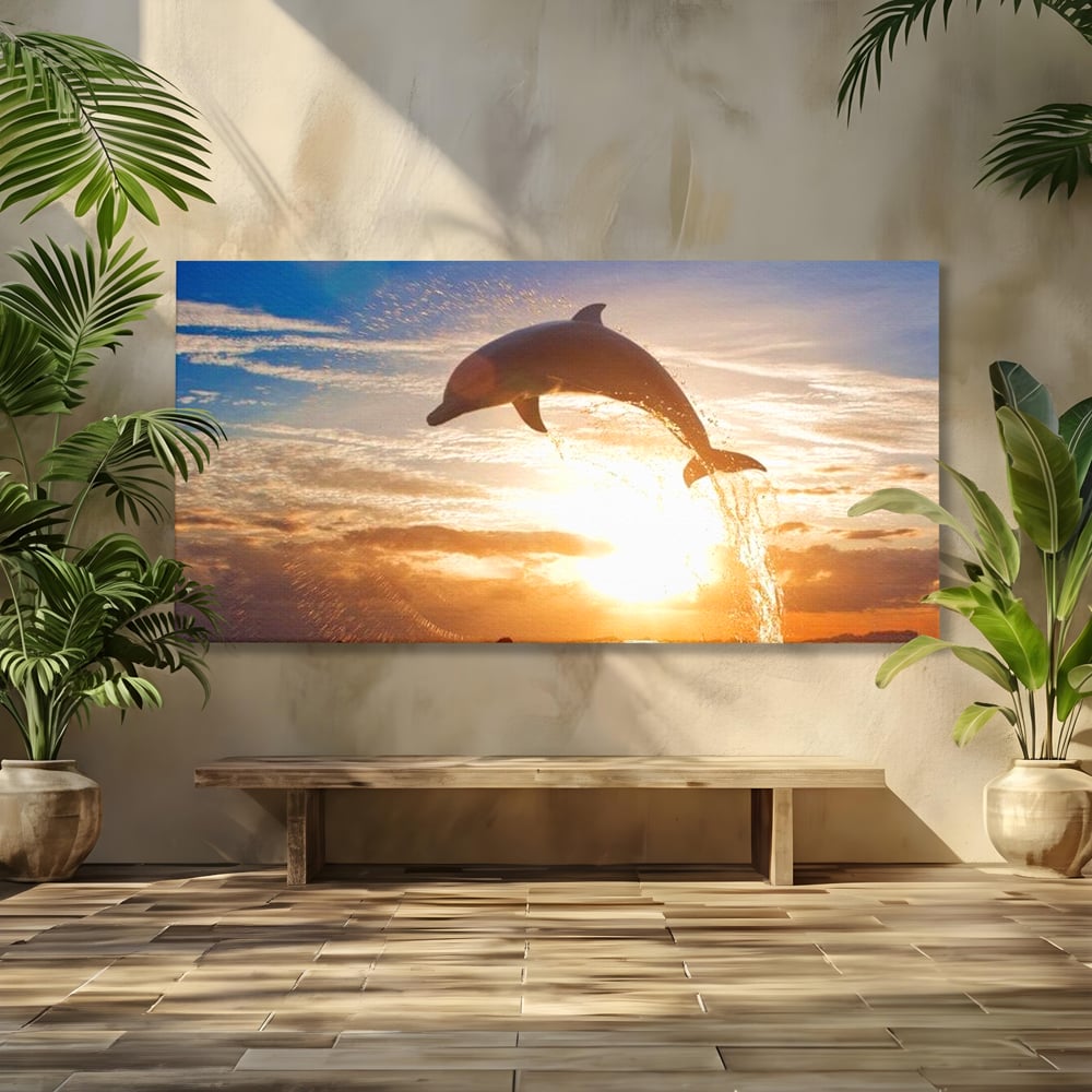 Tablou canvas cu delfin care sare la apus, fara rama, pe sasiu de lemn